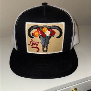 Floral Skull Embroidered Black and Tan Trucker Hat